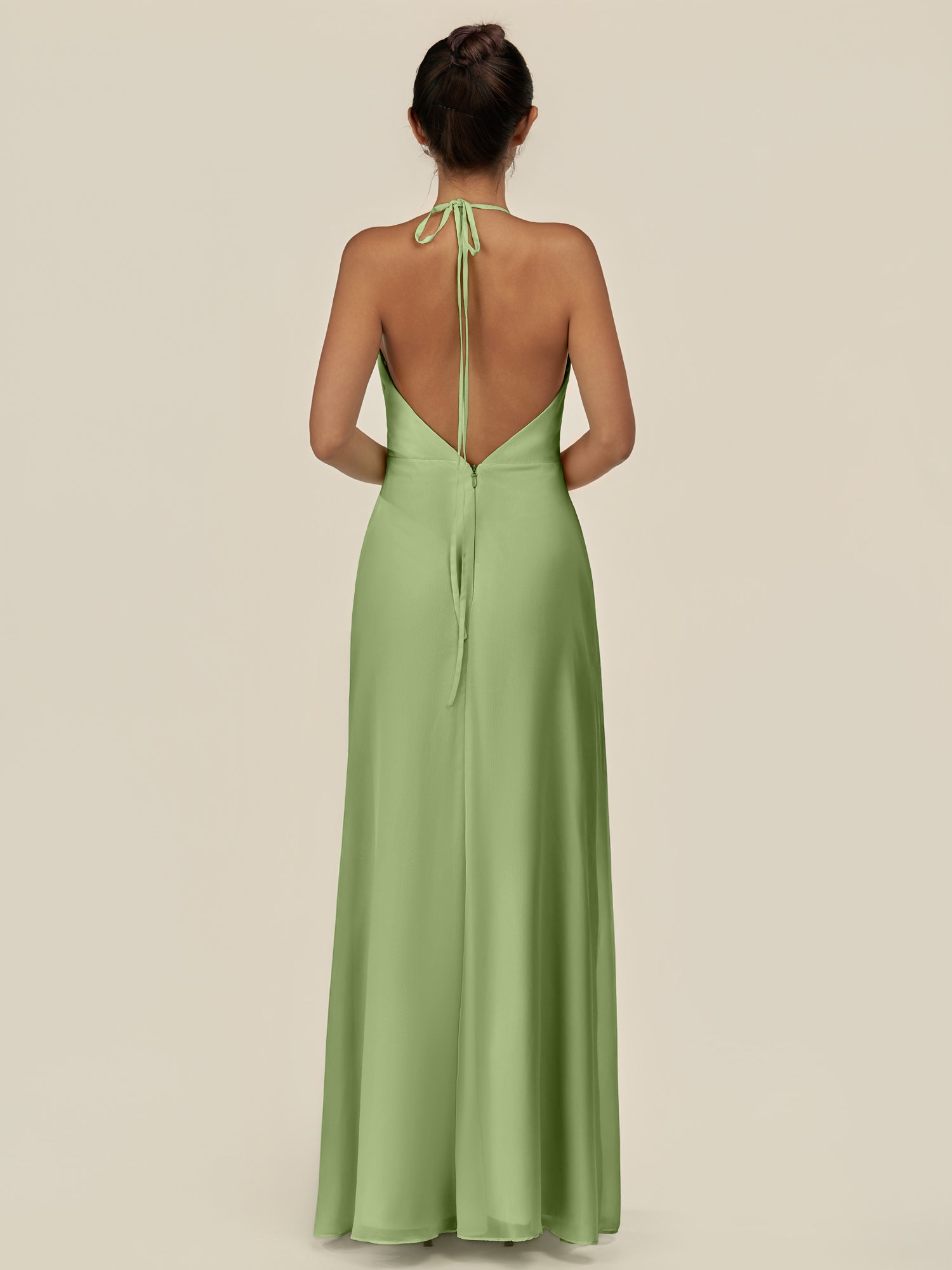 KissDress-Caris Matcha A Line Chiffon Halter Neck Pleated Long Bridesmaid Dress with Slit