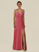KissDress-Caris Merlot A Line Chiffon Halter Neck Pleated Long Bridesmaid Dress with Slit