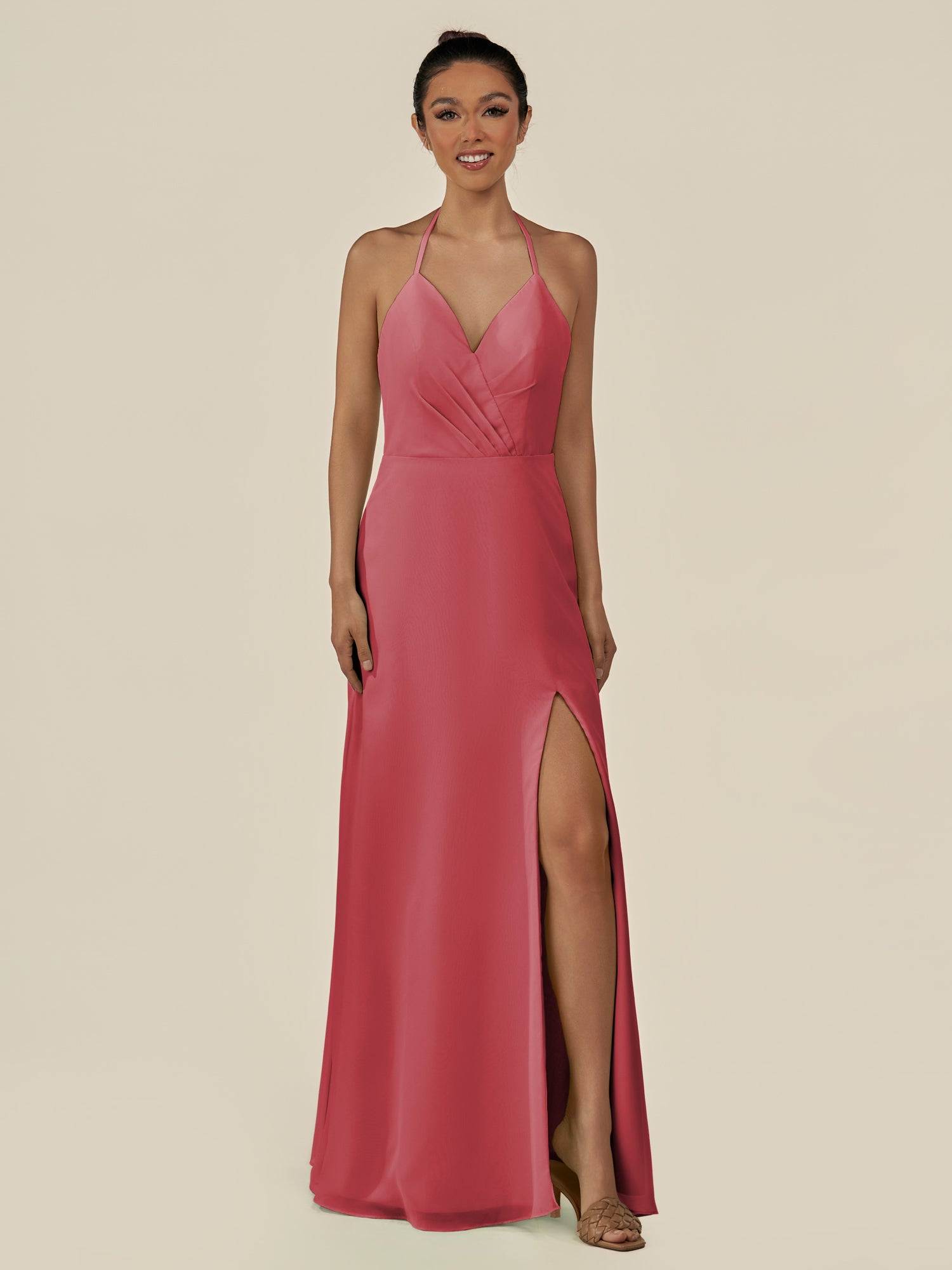 KissDress-Caris Merlot A Line Chiffon Halter Neck Pleated Long Bridesmaid Dress with Slit