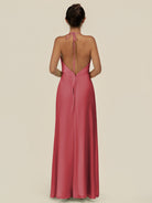 KissDress-Caris Merlot A Line Chiffon Halter Neck Pleated Long Bridesmaid Dress with Slit