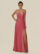 KissDress-Caris Merlot A Line Chiffon Halter Neck Pleated Long Bridesmaid Dress with Slit