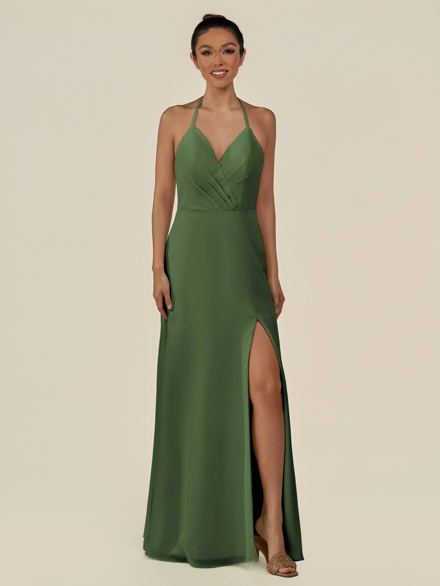 KissDress-Caris Moss A Line Chiffon Halter Neck Pleated Long Bridesmaid Dress with Slit