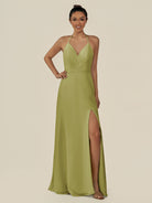 KissDress-Caris Moss Green A Line Chiffon Halter Neck Pleated Long Bridesmaid Dress with Slit