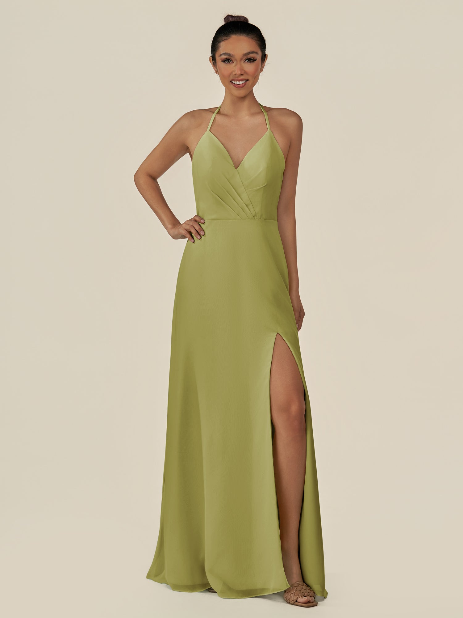 KissDress-Caris Moss Green A Line Chiffon Halter Neck Pleated Long Bridesmaid Dress with Slit