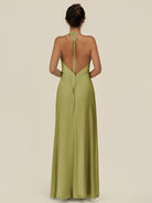 KissDress-Caris Moss Green A Line Chiffon Halter Neck Pleated Long Bridesmaid Dress with Slit