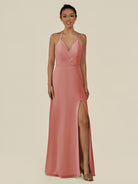 KissDress-Caris Mulberry A Line Chiffon Halter Neck Pleated Long Bridesmaid Dress with Slit