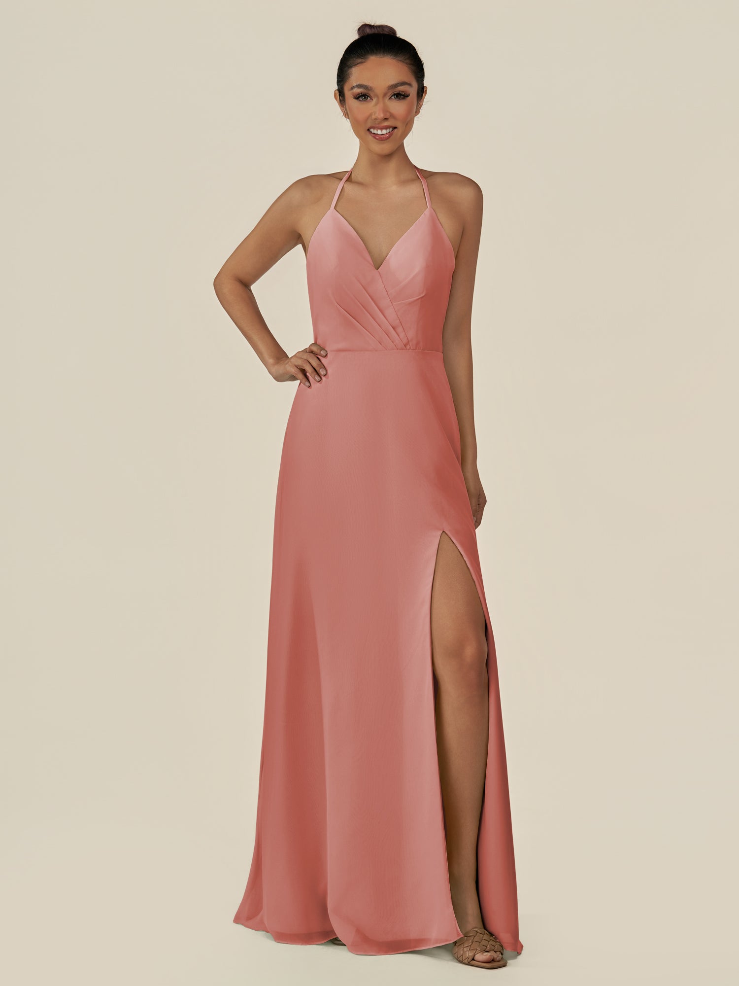KissDress-Caris Mulberry A Line Chiffon Halter Neck Pleated Long Bridesmaid Dress with Slit
