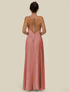 KissDress-Caris Mulberry A Line Chiffon Halter Neck Pleated Long Bridesmaid Dress with Slit