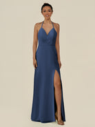KissDress-Caris Navy A Line Chiffon Halter Neck Pleated Long Bridesmaid Dress with Slit