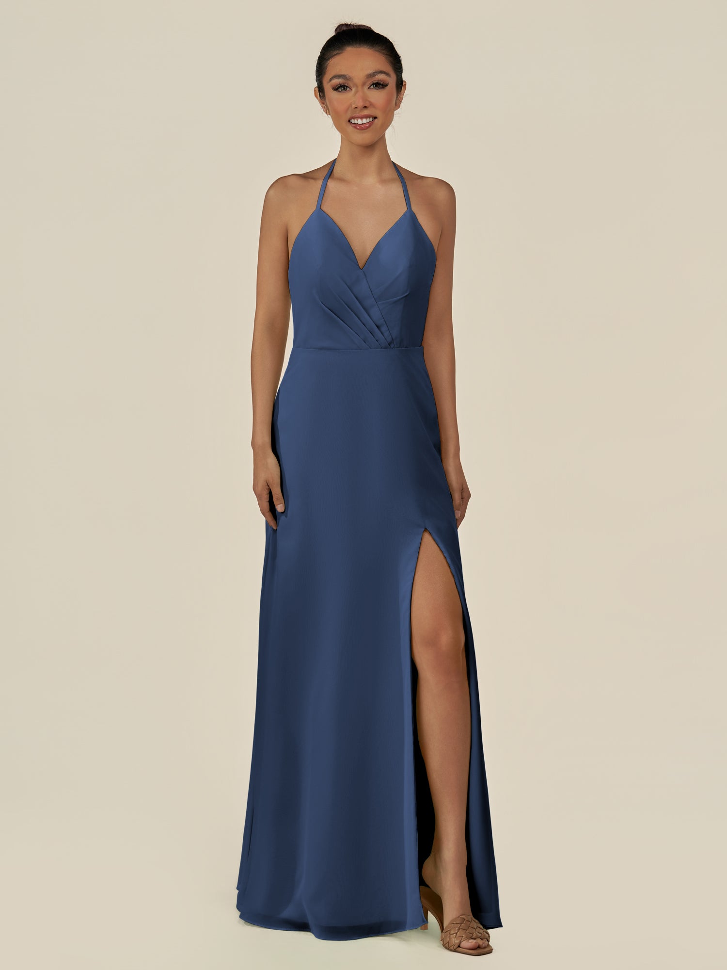 KissDress-Caris Navy A Line Chiffon Halter Neck Pleated Long Bridesmaid Dress with Slit