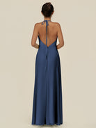KissDress-Caris Navy A Line Chiffon Halter Neck Pleated Long Bridesmaid Dress with Slit