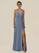 KissDress-Caris Neptune A Line Chiffon Halter Neck Pleated Long Bridesmaid Dress with Slit