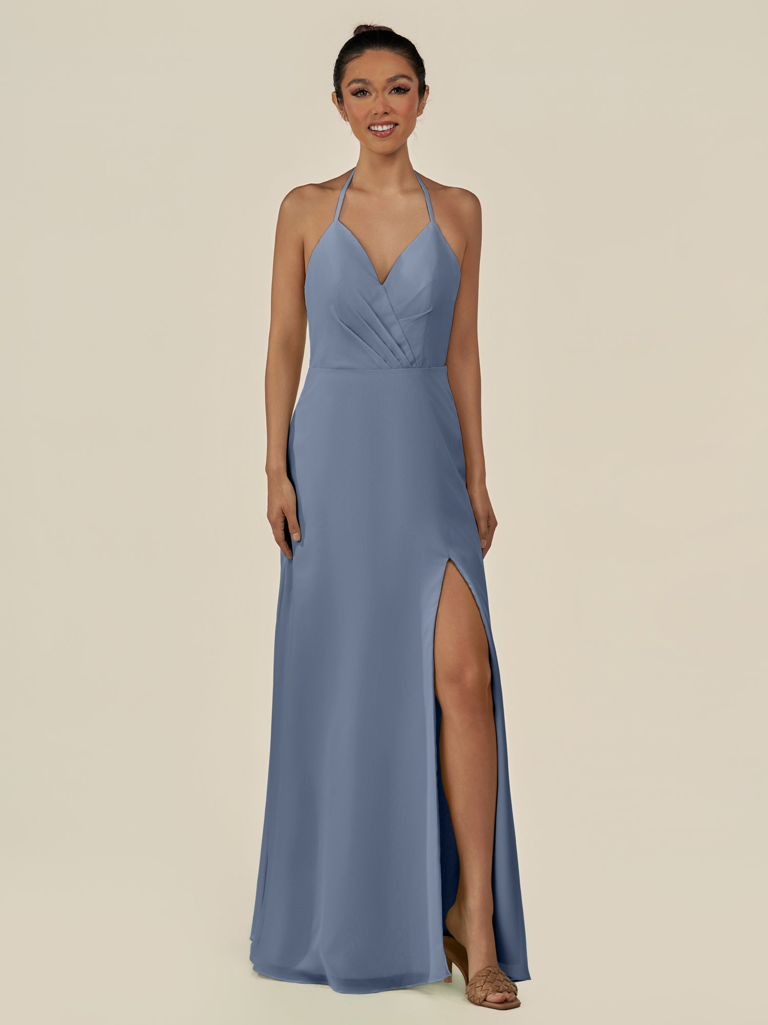 KissDress-Caris Neptune A Line Chiffon Halter Neck Pleated Long Bridesmaid Dress with Slit