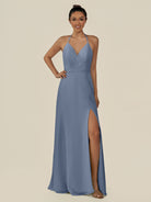 KissDress-Caris Neptune A Line Chiffon Halter Neck Pleated Long Bridesmaid Dress with Slit