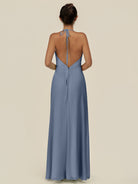 KissDress-Caris Neptune A Line Chiffon Halter Neck Pleated Long Bridesmaid Dress with Slit