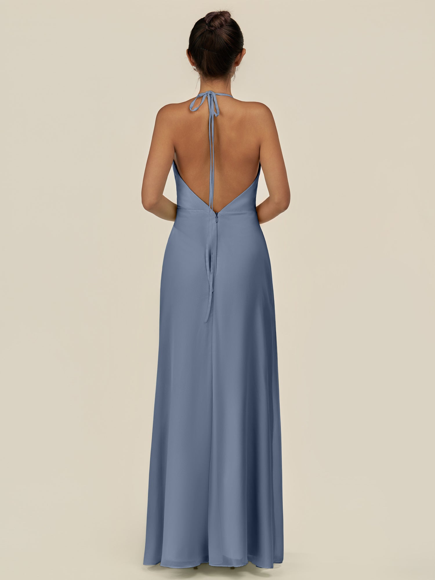 KissDress-Caris Neptune A Line Chiffon Halter Neck Pleated Long Bridesmaid Dress with Slit