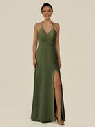 KissDress-Caris Olive A Line Chiffon Halter Neck Pleated Long Bridesmaid Dress with Slit