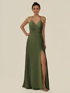 KissDress-Caris Olive A Line Chiffon Halter Neck Pleated Long Bridesmaid Dress with Slit
