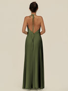 KissDress-Caris Olive A Line Chiffon Halter Neck Pleated Long Bridesmaid Dress with Slit