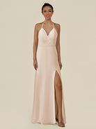 KissDress-Caris Pale Blush A Line Chiffon Halter Neck Pleated Long Bridesmaid Dress with Slit
