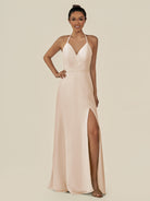 KissDress-Caris Pale Blush A Line Chiffon Halter Neck Pleated Long Bridesmaid Dress with Slit