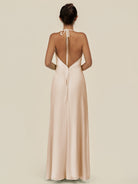 KissDress-Caris Pale Blush A Line Chiffon Halter Neck Pleated Long Bridesmaid Dress with Slit