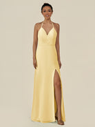 KissDress-Caris Pastel Yellow A Line Chiffon Halter Neck Pleated Long Bridesmaid Dress with Slit