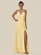 KissDress-Caris Pastel Yellow A Line Chiffon Halter Neck Pleated Long Bridesmaid Dress with Slit