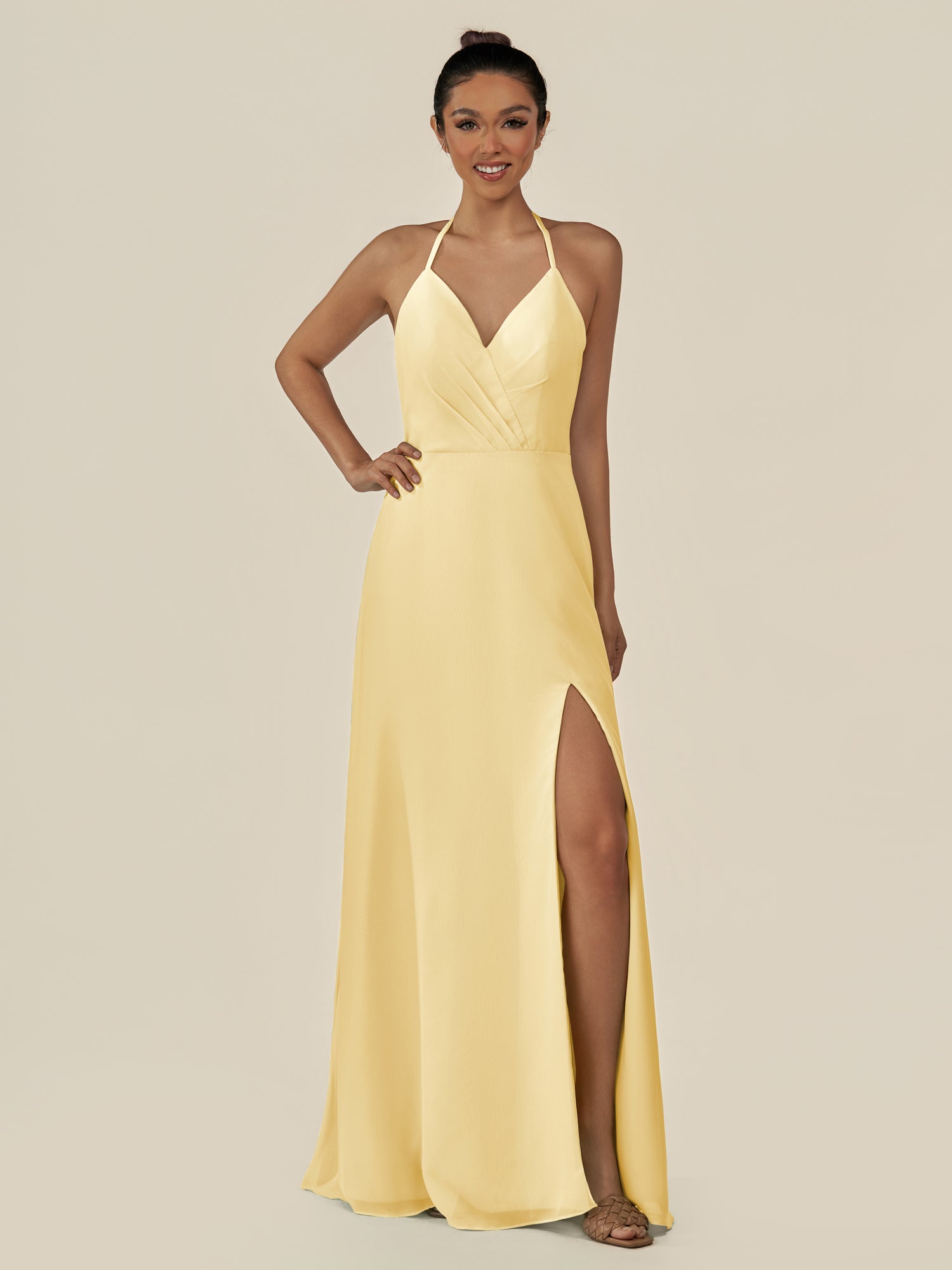KissDress-Caris Pastel Yellow A Line Chiffon Halter Neck Pleated Long Bridesmaid Dress with Slit