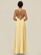 KissDress-Caris Pastel Yellow A Line Chiffon Halter Neck Pleated Long Bridesmaid Dress with Slit