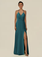 KissDress-Caris Pine A Line Chiffon Halter Neck Pleated Long Bridesmaid Dress with Slit