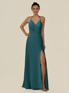 KissDress-Caris Pine A Line Chiffon Halter Neck Pleated Long Bridesmaid Dress with Slit