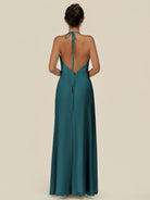 KissDress-Caris Pine A Line Chiffon Halter Neck Pleated Long Bridesmaid Dress with Slit