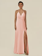 KissDress-Caris Rose Petal A Line Chiffon Halter Neck Pleated Long Bridesmaid Dress with Slit