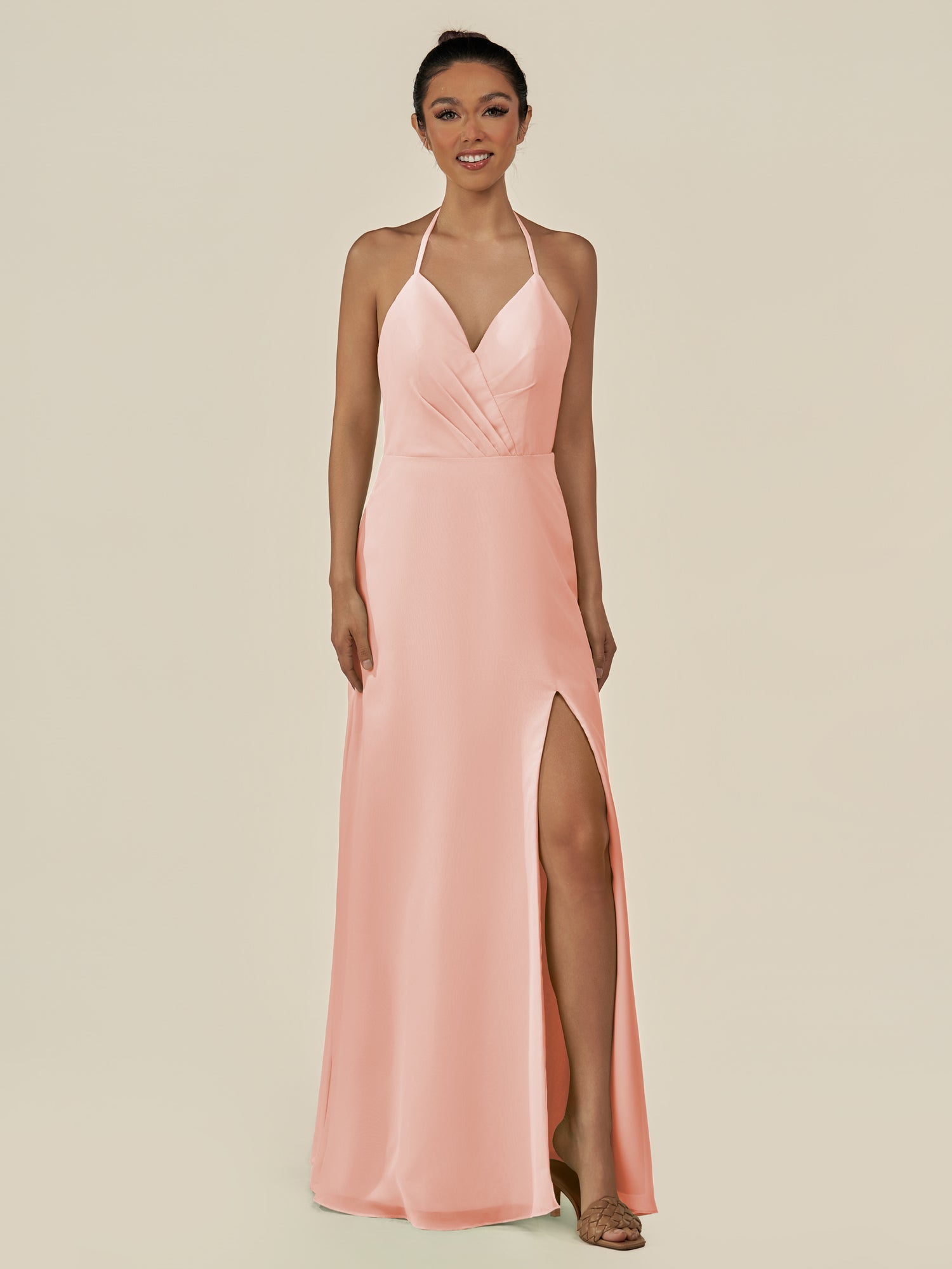 KissDress-Caris Rose Petal A Line Chiffon Halter Neck Pleated Long Bridesmaid Dress with Slit