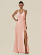 KissDress-Caris Rose Petal A Line Chiffon Halter Neck Pleated Long Bridesmaid Dress with Slit