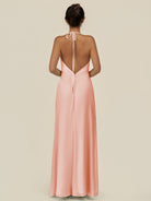 KissDress-Caris Rose Petal A Line Chiffon Halter Neck Pleated Long Bridesmaid Dress with Slit