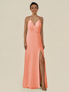 KissDress-Caris Rosette A Line Chiffon Halter Neck Pleated Long Bridesmaid Dress with Slit