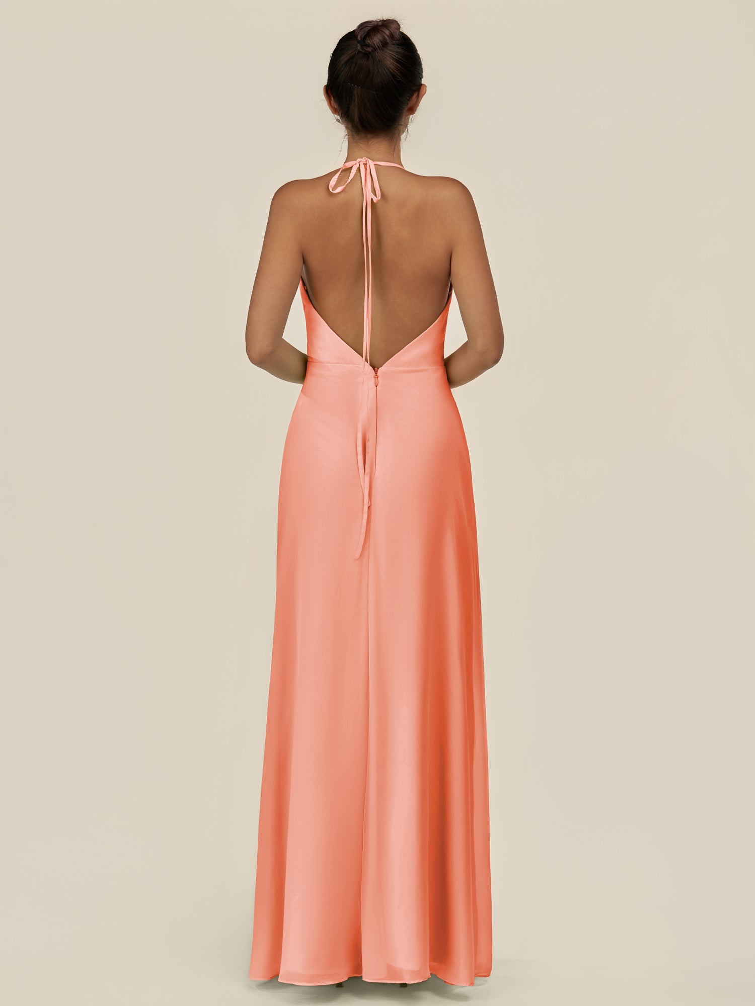 KissDress-Caris Rosette A Line Chiffon Halter Neck Pleated Long Bridesmaid Dress with Slit