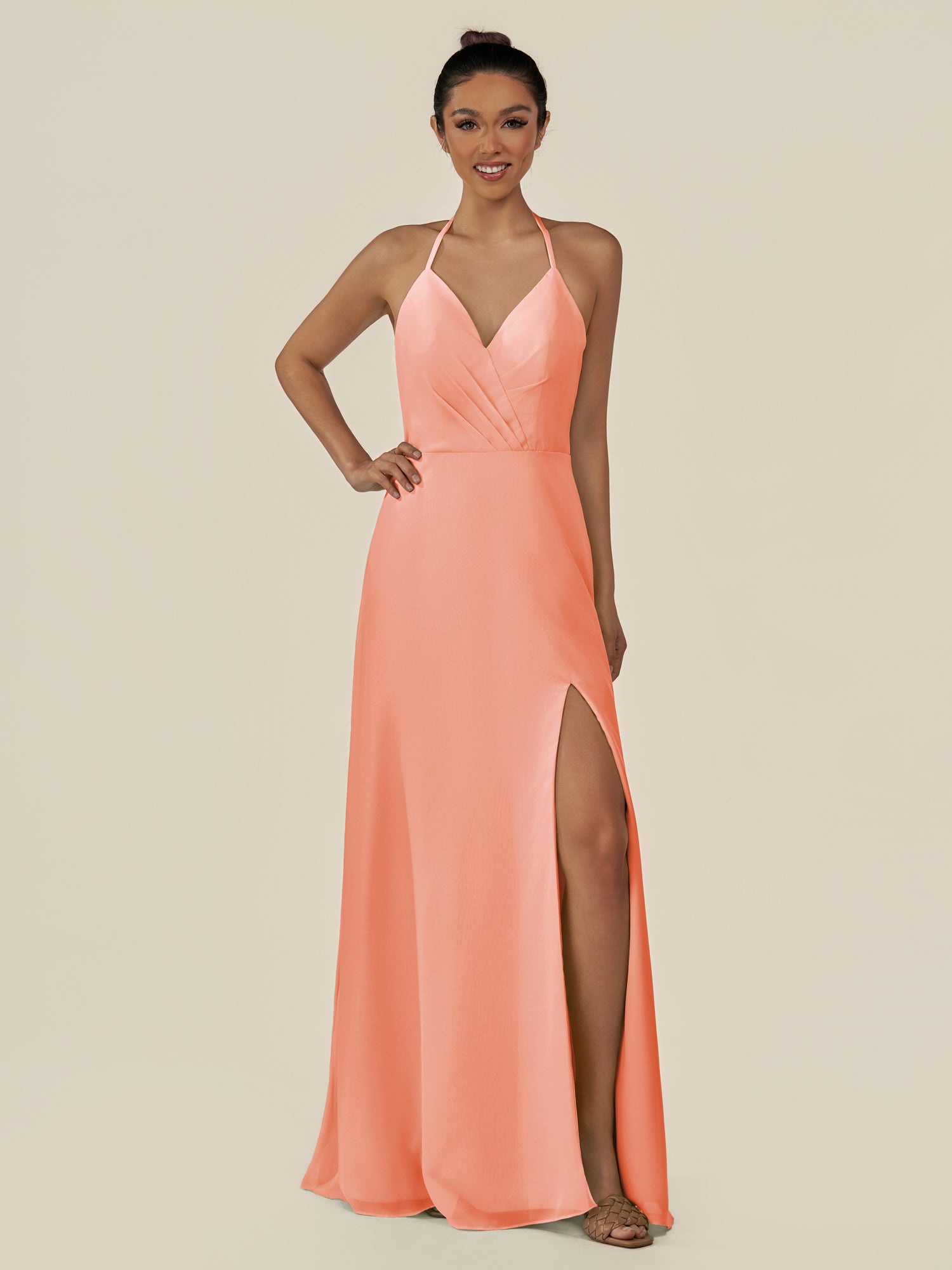 KissDress-Caris Rosette A Line Chiffon Halter Neck Pleated Long Bridesmaid Dress with Slit