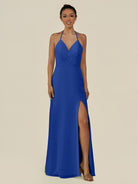 KissDress-Caris Royal Blue A Line Chiffon Halter Neck Pleated Long Bridesmaid Dress with Slit