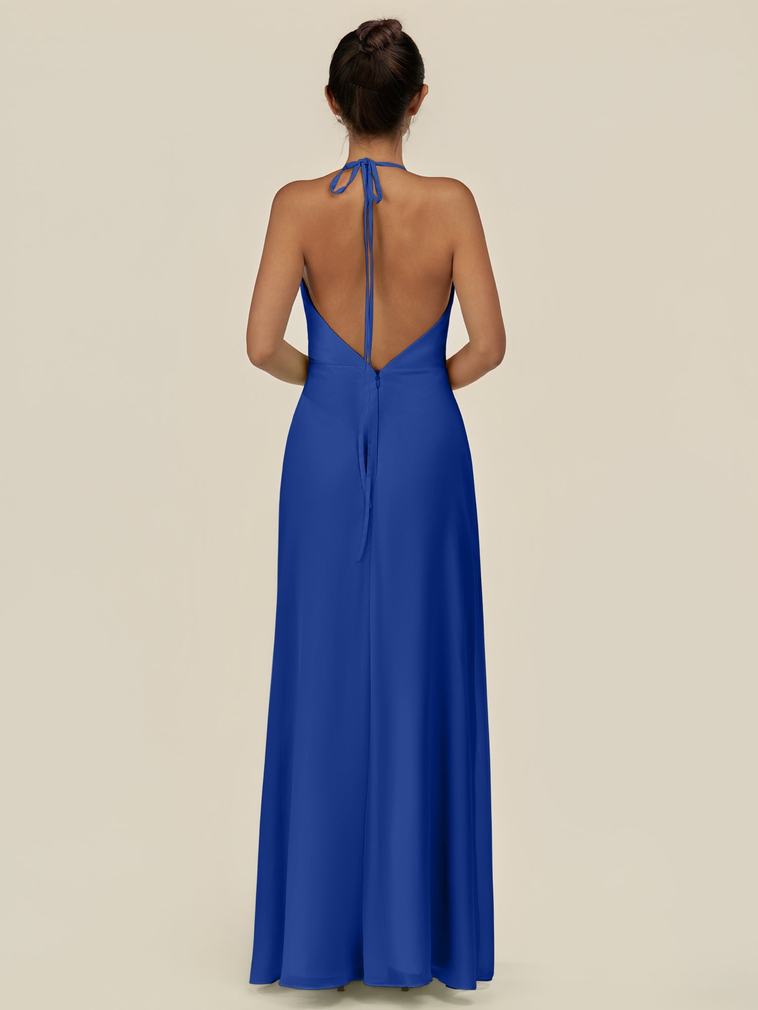 KissDress-Caris Royal Blue A Line Chiffon Halter Neck Pleated Long Bridesmaid Dress with Slit