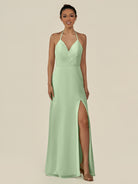 KissDress-Caris Sage A Line Chiffon Halter Neck Pleated Long Bridesmaid Dress with Slit