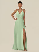 KissDress-Caris Sage A Line Chiffon Halter Neck Pleated Long Bridesmaid Dress with Slit