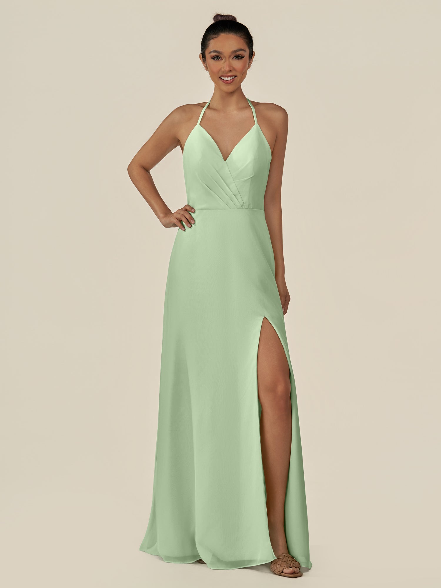 KissDress-Caris Sage A Line Chiffon Halter Neck Pleated Long Bridesmaid Dress with Slit