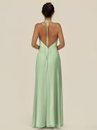 KissDress-Caris Sage A Line Chiffon Halter Neck Pleated Long Bridesmaid Dress with Slit