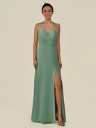 KissDress-Caris Sea Glass A Line Chiffon Halter Neck Pleated Long Bridesmaid Dress with Slit
