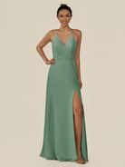 KissDress-Caris Sea Glass A Line Chiffon Halter Neck Pleated Long Bridesmaid Dress with Slit