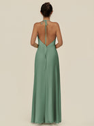 KissDress-Caris Sea Glass A Line Chiffon Halter Neck Pleated Long Bridesmaid Dress with Slit