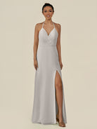 KissDress-Caris Silver A Line Chiffon Halter Neck Pleated Long Bridesmaid Dress with Slit